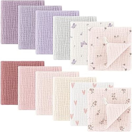 Bearmoss Muslin Baby Washcloths 100% Cotton Baby Bath Wash Cloth Ultra-Absorbent Burp Cloth Soft Baby Face Towel for Newborn Baby Boy and Girl, 10x10inch 12Pack (Pink & Purple)