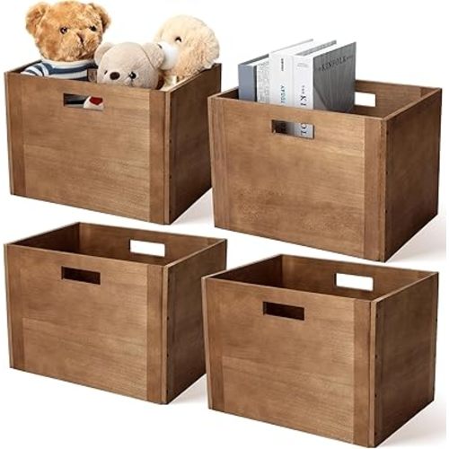 Menkxi 4 Pcs Stackable Wood Storage Cube for Shelves Closet Wooden Bins Box Wood Crates Storage Baskets Container for Toy Books Clothes Home Office, Dark Brown(14 x 10 x 10 Inch)