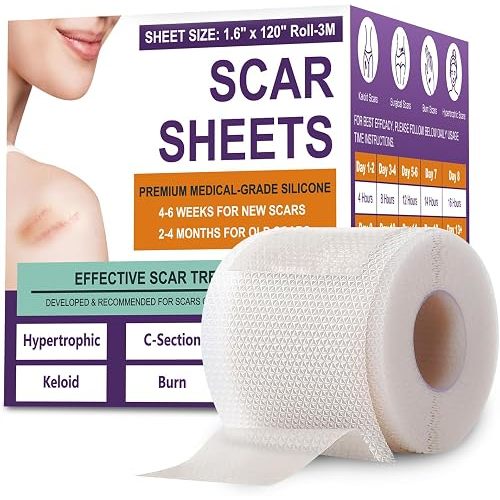 Silicone Scar Sheets, Medical Grade Silicone Scar Tape for Surgical, Hypertrophic, Keloid, C-Section, Burn, Old & New Scars, Reusable Professional Scars Removal Sheets (1.6"X 120" Roll-3M)