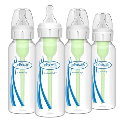 Dr. Brown's Natural Flow Anti-Colic Options+ Narrow Baby Bottle, 8 oz/250 mL, with Level 1 Slow Flow Nipples, 0m+, 4 Pack
