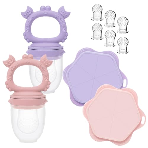 Ginbear Baby Fruit Food Feeder & Popsicle Molds Combo (Set of 2), Silicone Teething Feeders with Freezer Tray for Infants 4 Months+ (Pink/Lilac)