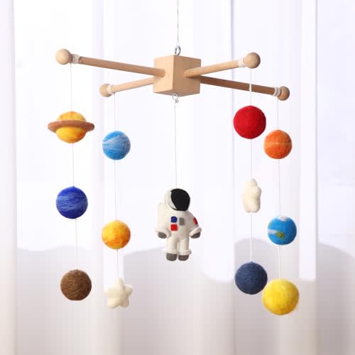 Hahafelt Space Nursery Mobile for Crib Wooden and Felt Solar System Planets Astronaut Space Nursery Decor Mobile for Baby Bed Crib Decoration Gift for Newborn