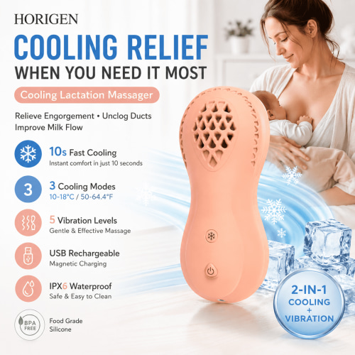 Lactation Massager - 3 Cooling & 5 Vibration Modes Breast Massager for Breastfeeding, BPA-Free Cold Compress for Clogged Milk Ducts Relief, Improve Milk Flow, Hands-Free for Nursing