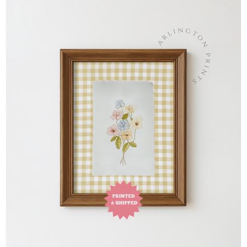 Gingham Floral Wall Art, Country Nursery Decor, Farmhouse Baby Girl Print, Cottagecore Flowers for Kids Room, UNFRAMED #4234