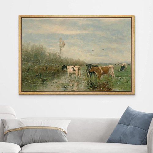 SIGNLEADER Cow in the River Landscape Farmhouse Country Pictures Decor Wall Art Framed Canvas Painting Print & Reviews | Wayfair