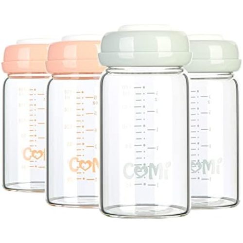 COMI Wide Neck Glass Breastmilk Collection n Storage Bottle, 4 Packs, 6oz with Screw Ring Sealing Disk; Re-markable Sealing Disc. BPA Free, Fits Breast Pumps & Nipples (2 Gray Lids + 2 Pink Lids)