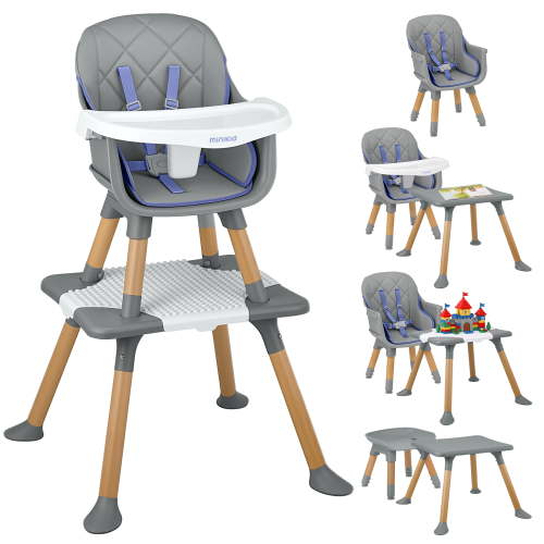 Minikid Natural Wood Baby High Chair with Removable Tray, 8 in 1 Convertible Feeding Highchair for Toddlers,Gray