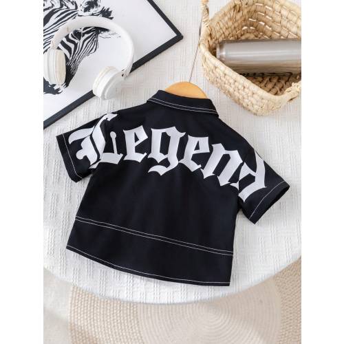 SHEIN Baby Boys & Girls Letter Print Black Short Sleeve Woven Shirt,Summer Casual City Break Fashion Versatile Top For Daily,Sports,Play,Party,Holiday