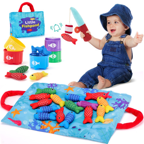 hahaland Toddler Fishing Set-10 in 1 Cloth Fishing Game Toddler Toys with Stacking Cups - Number Counting, Color Sorting Learning,Montessori-Inspired Fishing Game with 22 Pcs for 1 Year Old Boys Girls,Newborn/toddler Birthday Gift,Stackable Fish Buckets -