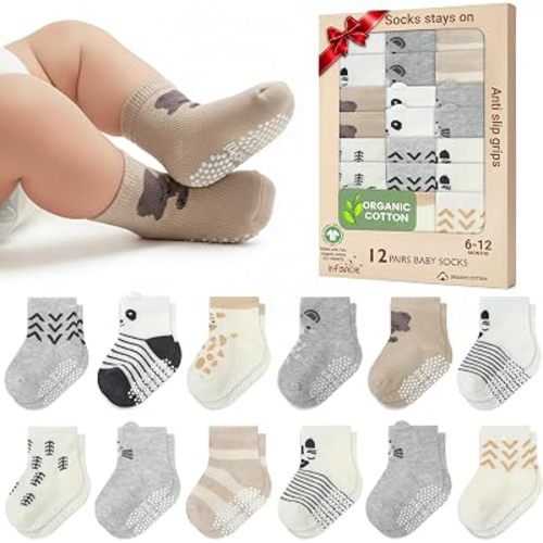 GOTS Organic Cotton Blend 12 Warm Baby Socks Boys 6-12M Non Slip Gift infant