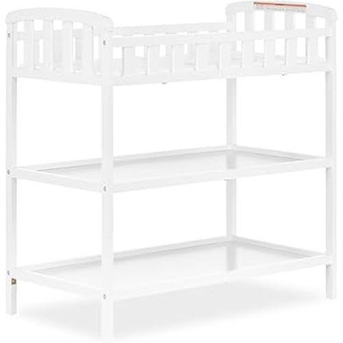 Dream On Me Emily Changing Table, Compact and Portable Solid New Zealand Pinewood, Safety Rails, Two Storage Shelves, Includes Water-Resistant 1" Changing Pad — White