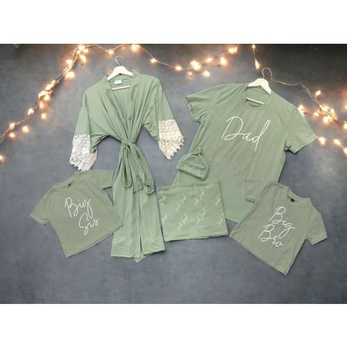 Sage Green Matching Family Shirts: Maternity Robe, Personalized Blanket & Hat