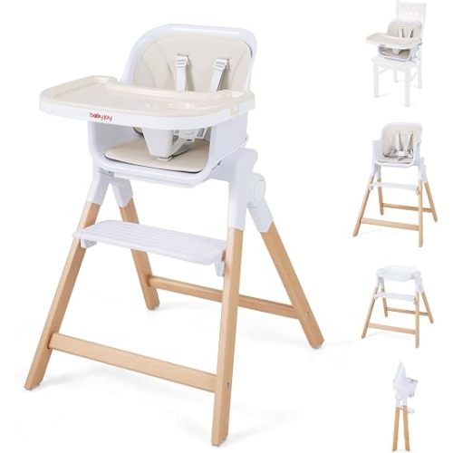 BABY JOY 4-in-1 Convertible High Chair, Foldable Wooden Highchair for Babies and Toddlers | Dining Booster Seat | High Stool, Double Removable Tray, 5-Point Safety Harness & Easy Clean Cushion (Beige)