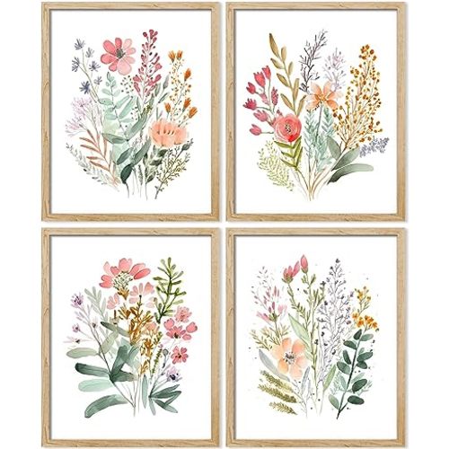 SIGNWIN Framed Colorful Wildflower Forest Bouquet Wall Art, Set of 4 Nature Wilderness Wall Decor Prints, Botanical Floral Wall Décor for Living Room, Bedroom - 12"x16" Natural