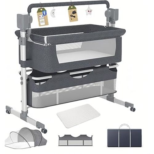 Electric Bluetooth Smart Bassinet for Co-Sleeping, Convertible and Portable Baby Bedside Crib, Foldable Newborn Bedside Bed, Toddler Cradle with Mattress and Remote Control（601 Grey