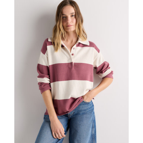 Cotton Cashmere Rugby Polo Sweater in Bone / Crushed Berry Purple Rugby Stripe