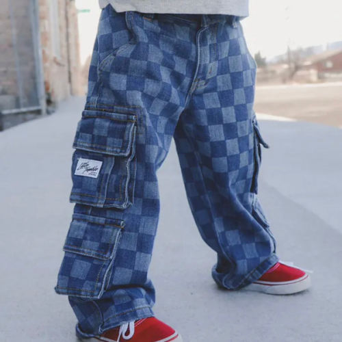Little Trouble Checkered Baggy Jeans Blue