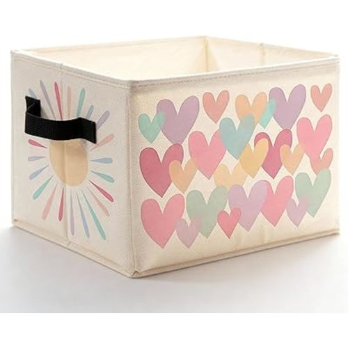 Boho Sun Rainbow Nursery Storage Bins Box with Handles, Colorful Sunshine Heart Foldable Basket Toybox for Kids Girls Room Nursery Bedroom Bathroom Playroom Clothes Toys Books