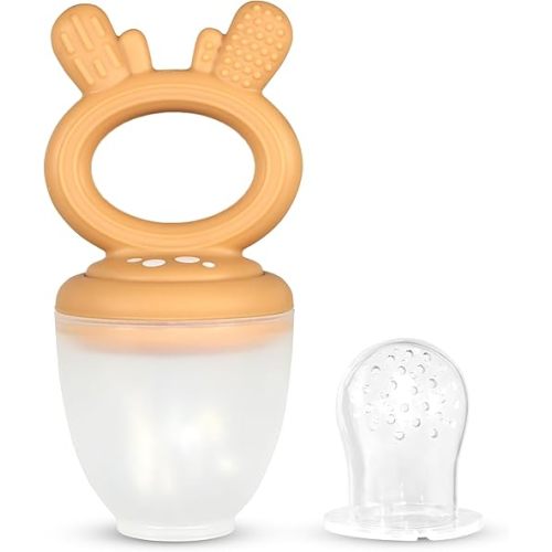 RaZbaby Baby Solids & Frozen Fruit Feeder Pacifier, Infant Teether Toy 6M+, BPA-Free Silicone Pouch & Nipple, Safely Introduce Solids, Natural Teething Relief, Dishwasher Safe, Freezable – Deer