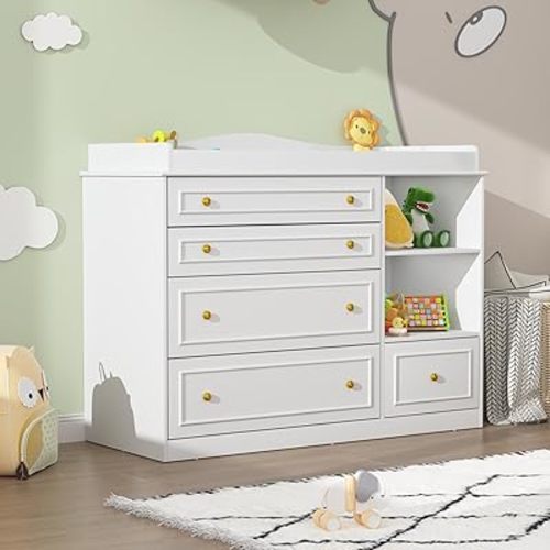 White Changing Table Dresser, Baby Nursery Dresser, Baby Diaper Changing Table, 5 Drawers, Adjustable Shelves, Metal Handle, Curved Wrapping Design, White