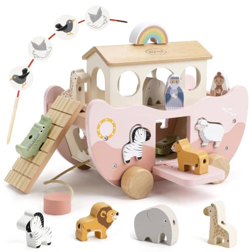 Joyreal Pink Wooden Noah's Ark Toy for 1 Year Old Baby Girl Baptism Gifts | Montessori Educational Toy, Animal Shape Sorter, Christian Toys for Toddler Boy 1-3 Years Old, Christmas Birthday Gift