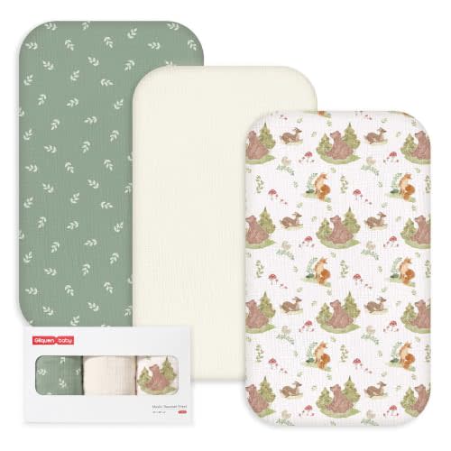 Gllquen Baby 3-Pack Muslin Cotton Bassinet Sheets, 33"x20" Bedside Sleeper | Compatible with Baby Delight, Newton, Dream on Me Rectangle Bassinet Mattress,Oeko-TEX Fitted Crib Sheets Green Bear Boy