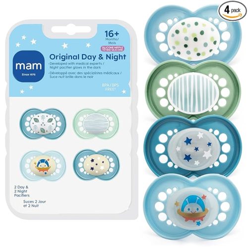 MAM Original Baby Pacifiers 16+ Months, Binky for Newborn Babies, BPA-Free Skin Soft Silicone Nipple, Glows in The Dark, Developed with Medical Experts, 4 Count, Made in Europe