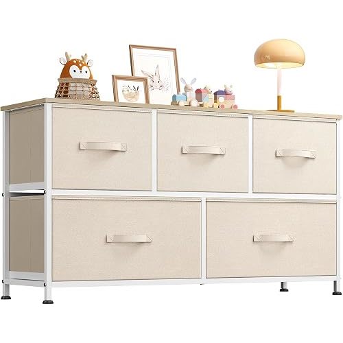 WLIVE Dresser for Bedroom with 5 Drawers, Wide Chest of Drawers, Fabric Dresser, Storage Organizer Unit with Fabric Bins for Closet, Living Room, Hallway, Cream White