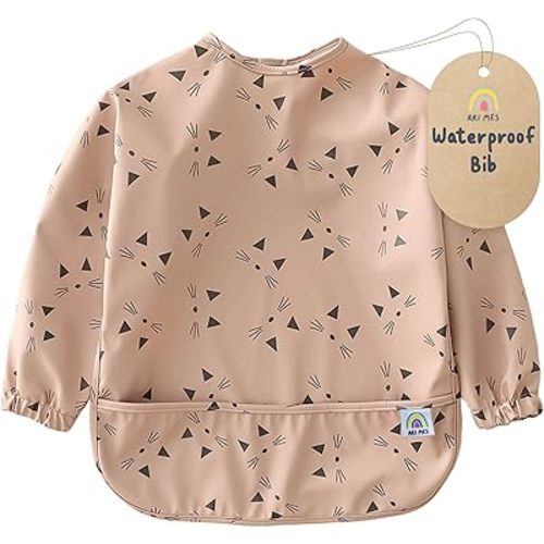 ARI MES Waterproof Long Sleeve Baby Bib for Eating-Kitty Cats Pattern, Small-Toddler Smock with Catch-All Pocket, BPA Free, Machine Washable, Wearable Feeding Bib for Boys & Girls 6-72 Months