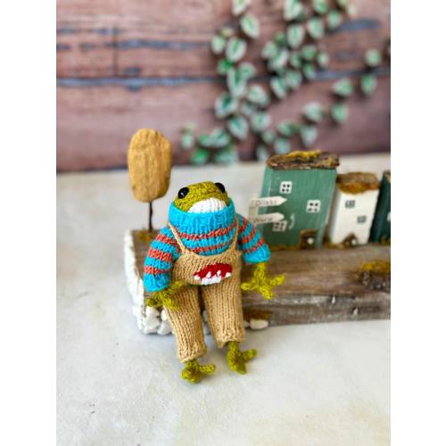 Handmade Knitted Frog in Blue Stripes Jumpsuit: Organic Cotton Toy Plush frog, Amigurumi frog, Knitted toy gift for kids stuffed frog gift