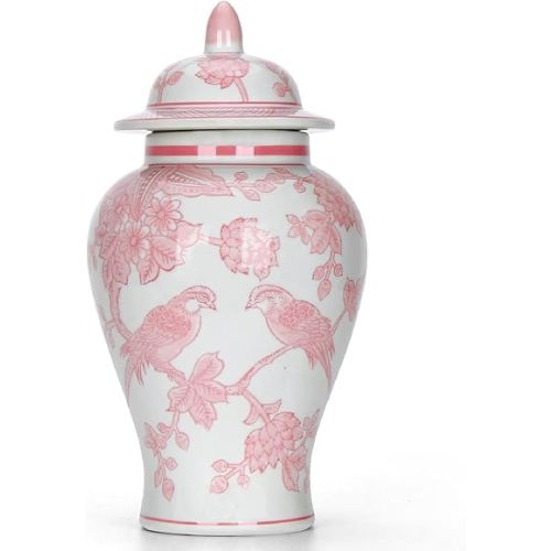 11″ Pink Ginger Jar with Lid Porcelain Stylized Songbirds Floral Temple Jar Chinoiserie Vase Chinese Style Ginger Jars Antique Home Decor for Interior Design