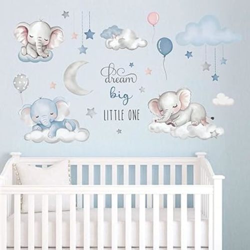 Dream Big Little One Elephant Wall Stickers,Dreamy Moon Stars Balloons Cloud Decor for Kids Room, Nursery & Play,Living Room,Bedroom