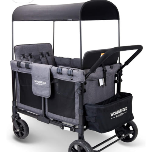 WONDERFOLD W4 Original Stroller Wagon (4 Seater) - Collapsible Wagon Stroller with Seats with 5-Point Harnesses, Easy Access Zipper Door, and Removable Sun Canopy, Gray