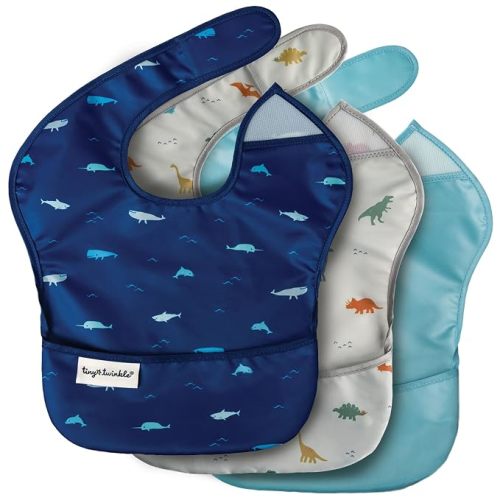 Tiny Twinkle Mess-Proof Baby Bibs for Eating | Waterproof, Wipeable Toddler Bibs with Catch-All Pocket | Feeding Bibs for Girls & Boys(3 Pack,Dinosaur Set)