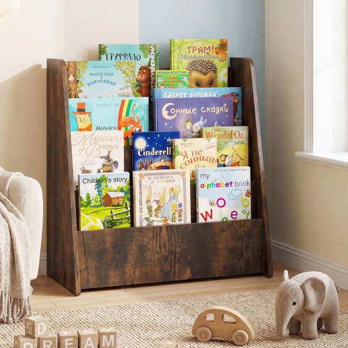 ELLEGNT 4 Tier Kids Bookshelf Front Facing Bookcase with Deep Slots Natural