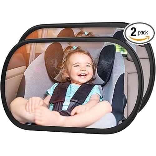 Baby Car Mirror, Safety Car Seat Mirror for Rear Facing Infant, Clear Wide View, 360°Rotation, Easily Observe the Baby Move, Secure, Shatterproof, Crash Tested and Certified (2-Pack)