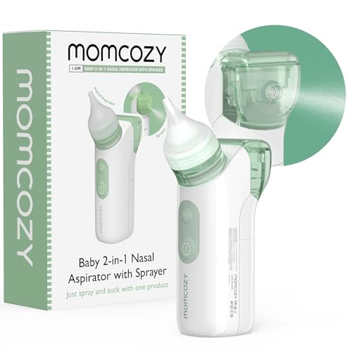 Momcozy 2-in-1 Baby Nasal Aspirator with Nasal Spray, Electric Nasal Aspirator for Baby, Battery Powered Nose Aspirator for Newborn and Toddler, 2 Tips Replacements