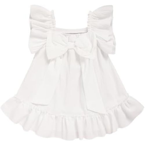 Sinhoon Toddler Girl Dress Flutter Sleeve Kids Hem Wrinkle-Resistant Back Bow Dress | Summer Fashion Dresses
