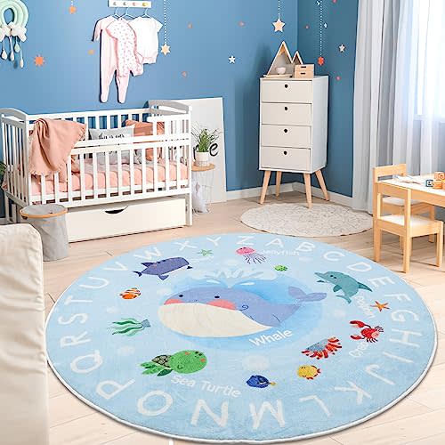 Soft Round ABC Rug for Kids Room,4 ft Washable Circle Nursery Rug,Non-Slip Whale Alphabet Baby Kids Rug Carpet for Nursery Playroom Bedroom Kids Room Decor