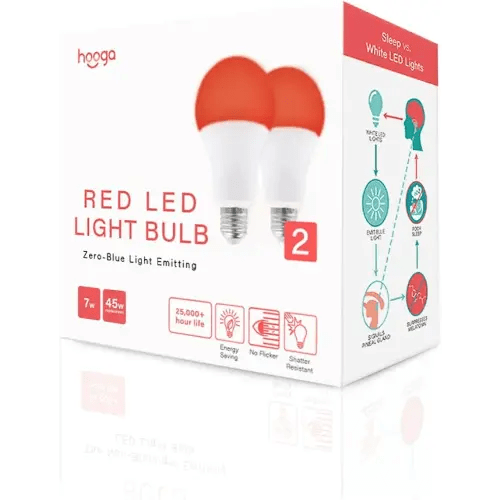 hooga Sleep Light Bulb, Blue Light Blocking Red Night Light. 625nm Red Bulb for Healthy Sleep. Baby Nursery Light. 7W LED, 45W Replacement 2-Pack