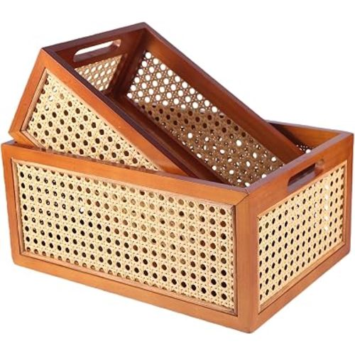Rattan Storage Baskets Set, Wooden Frame with Woven Cane Design, Nesting Organizer Bins for Living room Bedroom Bathroom Kitchen Shelf, Set of 2
