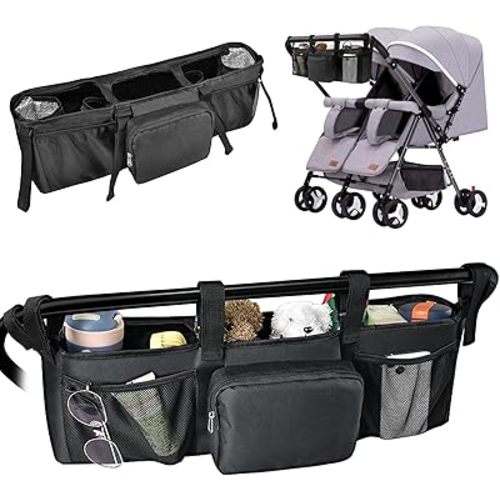 Double Stroller Organizer, Double Stroller Caddy Organizer Compatible with Bob Doubles Strollers Doubles Jogging Strollers Accessories with Cooler Pockets for Side by Side Double Stroller