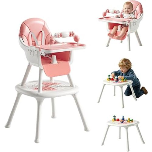 Convertible 4-in-1 Baby High Chair with Block Table, Infant to Toddler Feeding Chair with Play Tray & Built-in Toys, Removable PU Cushion, Easy to Clean Dining & Activity Chair–Pink