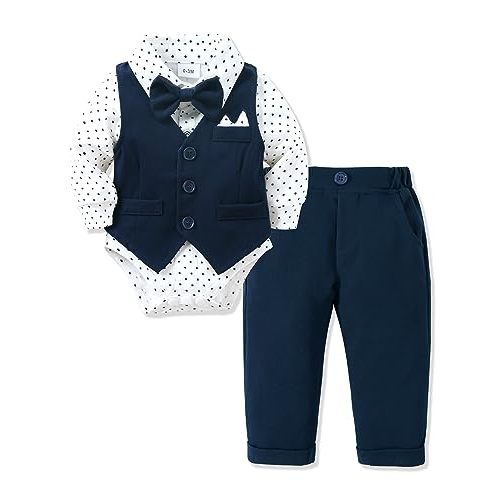 YALLET Baby Boy Clothes Suit 0-24 Months Infant Gentleman Outfits Formal Dress Shirt+Bowtie+Vest+Pants Set Baby Wedding Suits