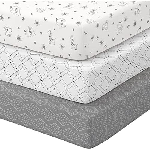 Pack and Play Sheets 3 Pack, Snug Fit Mini Crib Sheets for Boys Girls, Super Soft Stretchy Playard Sheet for Pack N Play Mattress, Breathable & Wrinkle-Resistant, White Dark Gray