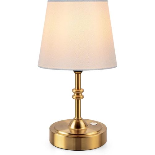 ONEWISH Small Cordless Lamp Dimmable-Battery Operated Table lamp, 4000mAh Rechargeable, Touch Bedside Lamp with White Fabric Shade, 2700K Bulb Included, for Dining, Patio, Bathroom(Gold)