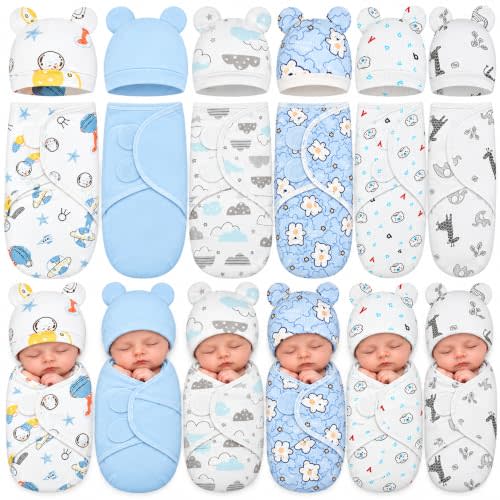 Ramede 6 Pack Baby Swaddle Blankets with Hats,Bear,Blue | Soft Cotton Wrap for Newborn Boys 0-3 Months, Adjustable Breathable Sleep Sack Set, Skin-comfortable Receiving Blanket