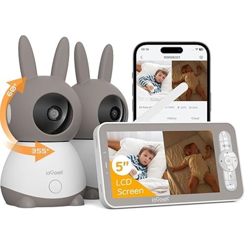 ieGeek 2K Split-Screen Baby Monitor, 5" Audio Baby Monitor with 2 Cameras, WiFi Smartphone Video Dual Camera, Night Vision, Motion & Cry Detection, Two Way Talk Temper &Humidity Sensor