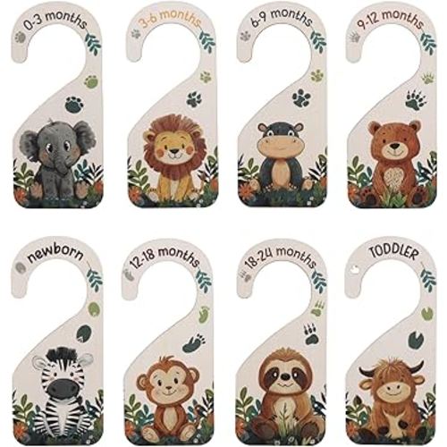 8pcs Baby Size Closet Dividers, Wooden Baby Wardrobe Organizer Newborn to 24 Months Woodland Nursery Decor Double-Sided Nursery Clothes Hanger Partition for Home Beautiful Decor (Animal)