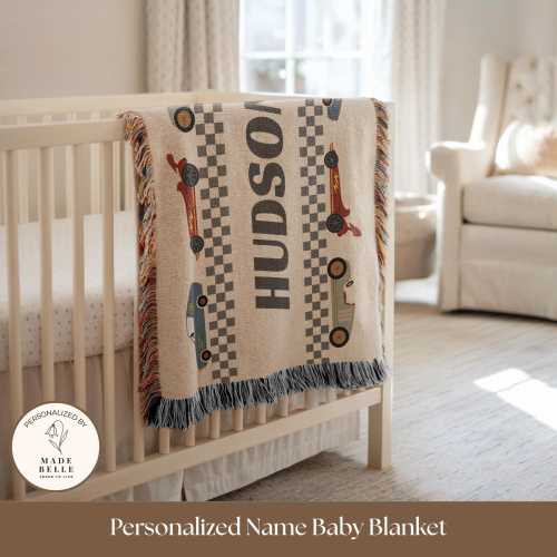 Personalized Vintage Race Car Baby Blanket Custom Car Name Blanket for Boys Racecar Theme Nursery Decor Car Baby Shower Gift Baby Boy Room